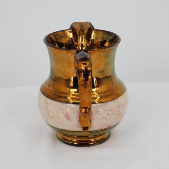 Copper Lusterware Pitcher Antique Staffordshire 5 1/4" Single Pink Band FLAW - Picture 4 of 9